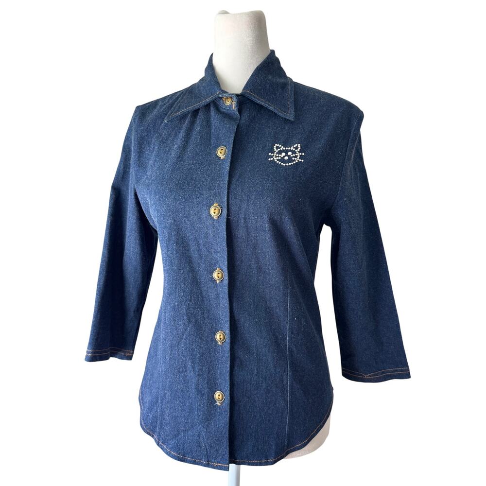 Vintage Y2K Divine U.S.A. Denim Button Front 3/4 Sleeve Shirt w/ Rhinestone Cat